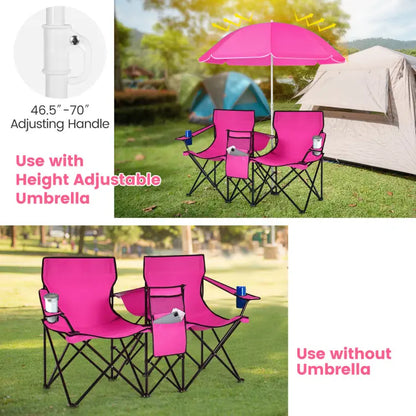 Double Folding Camping Chairs w/ Umbrella & Cooler Bag
